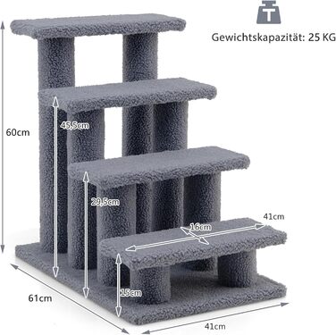Сходи для котів і собак COSTWAY, 4 ступені, дерев'яні, до 25 кг, 61x41x60 см, сіра, для домашніх тварин