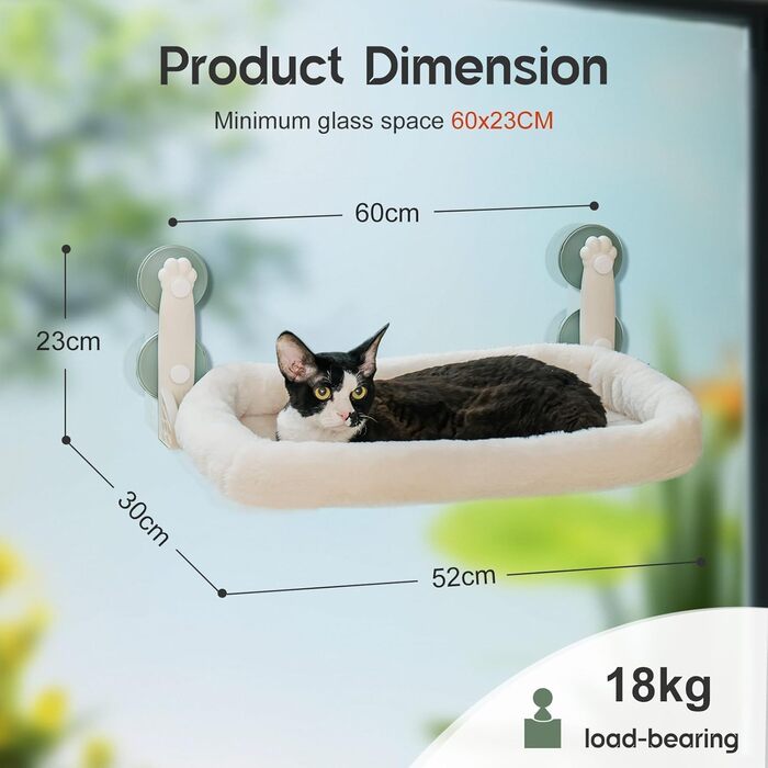 Віконна лежанка-гамак для котів MEWOOFUN, 54x30 см, двосторонній матрац, міцні присоски до 18 кг, бежевий, M (з ліжком)