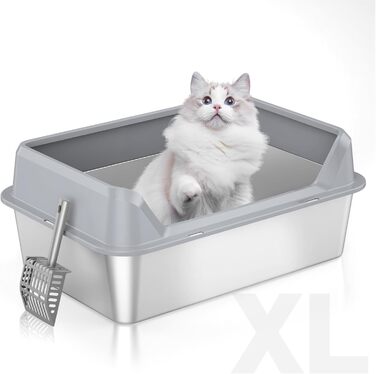 Відкрита котяча туалетна з нержавіючої сталі XXL, без запаху, з високим бортиком, сіра