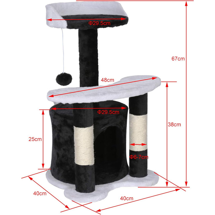 Драбина для котів Wiltec 67 см, чорно-біла, з сизалю, платформою, будиночком та іграшкою. Кліматична драбина для котів