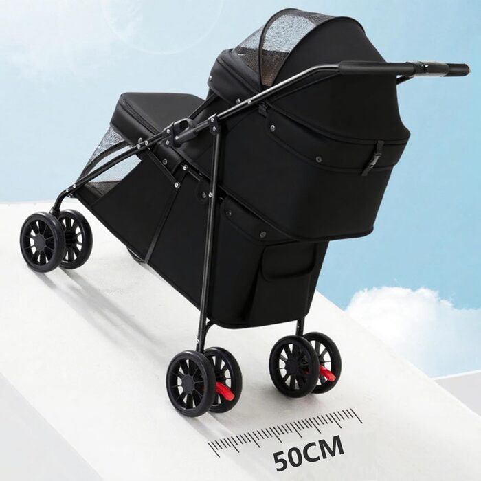 Складаний візок для собак на 2 ярусах, переноска для домашніх тварин до 24 кг, візок для собак з сітковими віконцями, ремінь безпеки, 4 колеса, складаний візок для котів та маленьких собак (чорний)