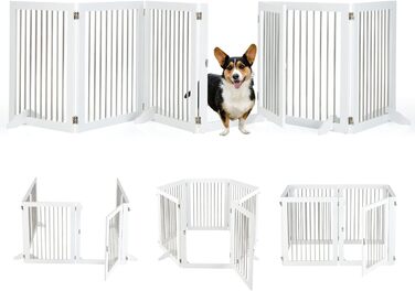 Захисний забір для собак COSTWAY, 6 секцій, з дверцятами, 80 см, дерев'яний та нержавіючий, для каміну/сходи, білий