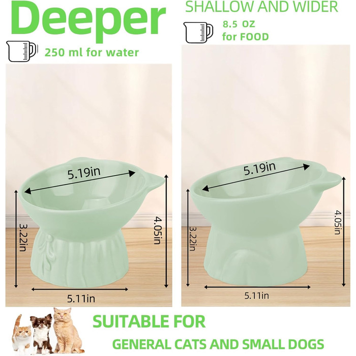 Набір мисок для котів 2 шт. з підняттям на 15°, керамічні, великі, для запобігання блювоті, підходять для корму та води, білі та зелені