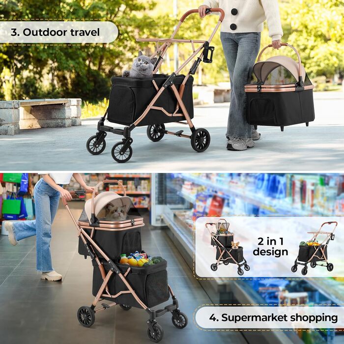 Візок для собак Mamizо 4 в 1, чорний, для 2 тварин до 15 кг, з переносною сумкою та колесами PU