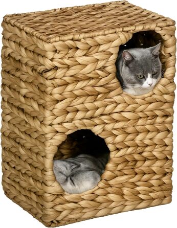 Кігтеточка PawHut для котів, 55 см, кігтеточний стовп з 2 схованок, знімні подушки, кігтеточний комплекс, котячий будиночок з ротангу, світло-коричневий, 40 x 31 x 55 см