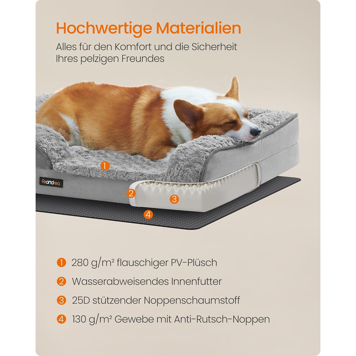 Ортопедичне ліжко для собак Feandrea, середнього розміру, водонепроникне, знімний плюшевий чохол, 91 x 68 x 16 см, сірий (PGW252G01 L)