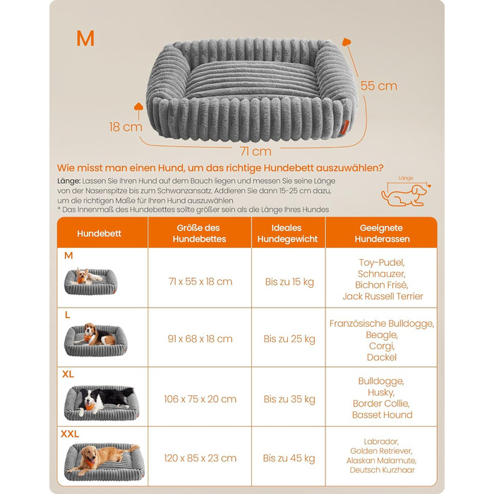 Feandrea Ортопедичне ліжко для собак, велике, з м'яким покриттям, 91 x 68 x 18 см, сірий (M 71x55x18 см)