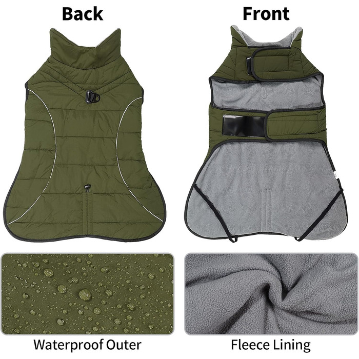 Водонепроникний теплий зимовий одяг для собак Heywean: куртка, жилетка, пуловер з флісу, з D-кільцем, світловідбиваючими елементами, з застібкою-липучкою, для малих, середніх та великих собак, зелений