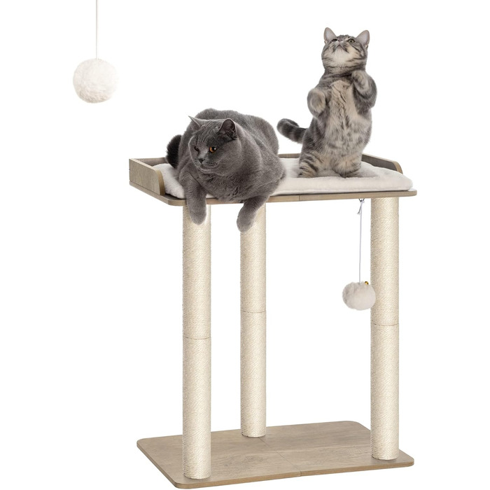 Дерев'яний комплекс для котів FourFurPets, 68 см, з трьома сизалевими стовпчиками, платформами 56x40 см, колір Greige