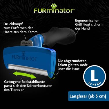 Фурмінатор для великих довгошерстих собак Furminator L, щітка для видалення підшерстка, чорний/синій/сріблястий, покращений дизайн