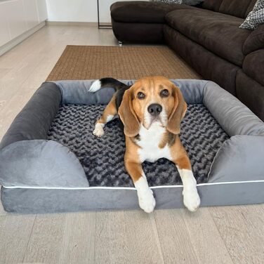 Ортопедичне собаче ліжко для великих собак, вологостійке, 90x65x23 см, сіре. Знімний, пральний чохол, комфортний плюш, підвищений борт