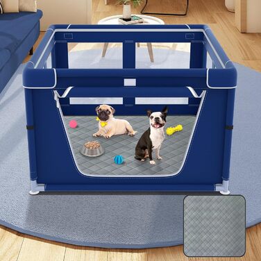 Клітка для цуценят XVISHX з підстилкою DogPads, 106,7 x 107,7 x 66 см, для собак та цуценят, для дому та вулиці, стабільна та безпечна, синього кольору