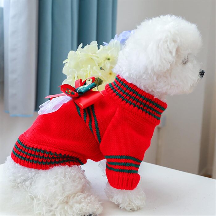 Пуловер для тварин на Різдво, для котів та собак, в'язаний пуловер з бантиком, для холодної погоди, цуценята, 2 ноги, в'язані вироби для котів, цуценят, маленьких собак, розмір XS (зелений), зелений (XL: обхват грудей: 54 см/21.2 дюйми, червоний)