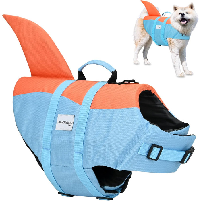 Obiclinic® Sharky: рятувальний жилет для собак з регульованою шлейкою, високою плавучістю та дизайном у стилі акули (блакитний та помаранчевий)