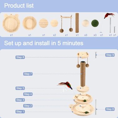 Інтерактивна іграшка для котів з дерева Roller 4 в 1: обертовий столик, когтеточка, кішка з кульками. Підходить для котів середніх та маленьких порід