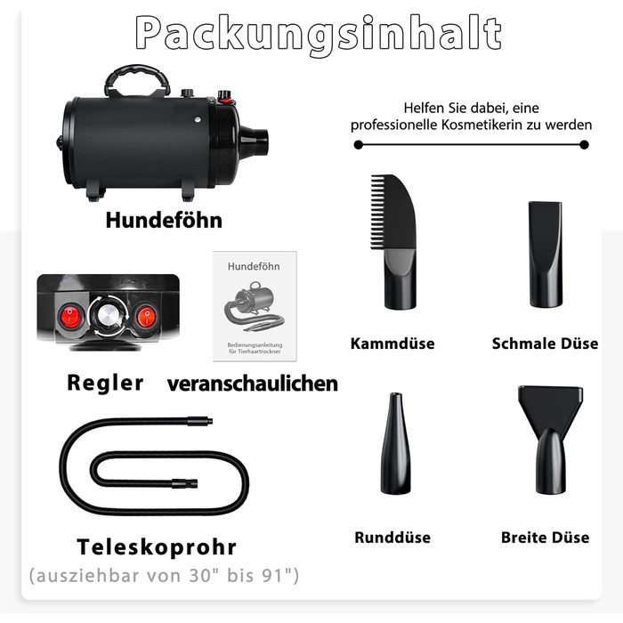 Фен для собак Blower 3000W, тихий, з регулюванням швидкості, 4 насадки, синій