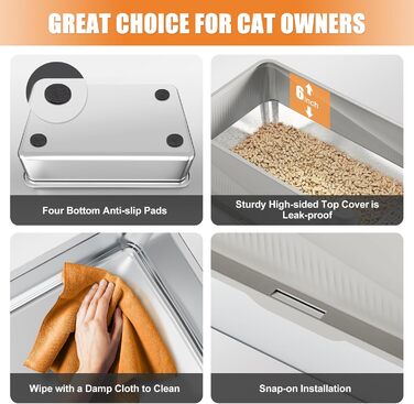 Квітковий горщик для котів Erinaik, нержавіюча сталь з кришкою, XL, для великих котів, білий/світло-сірий