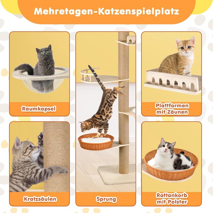 Комплекс для котів Kratzbaum з 5 поверхів, до стелі, регульована висота (255-270 см), з огорожами та сизалевими стовпами, котячий будиночок з капсулою та плетеним кошиком