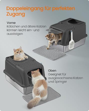 Сталевий лоток для котів Feandrea XL з кришкою, для великих котів до 15 кг, колір чорний