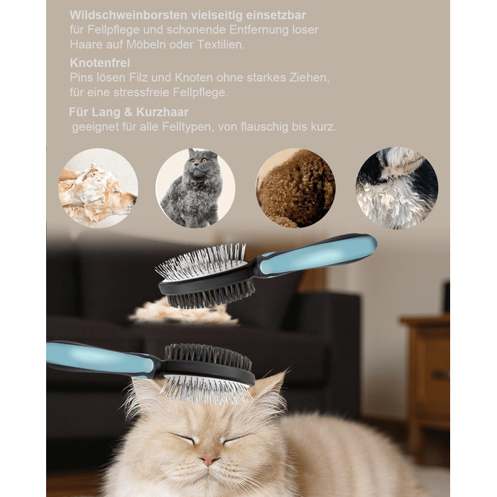 Двостороння щітка для собак та котів – вичісувальний гребінь для довгої та короткої шерсті, металеві щетинки та натуральна щетина, ергономічна ручка TPR, м'який та ефективний догляд за шерстю (Синьо-Чорний)