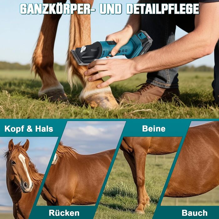 Професійна акумуляторна машинка для стрижки коней 500W | 2 батареї 2500mAh | 6 швидкостей | 2400 обертів/хв | Сумісна з Makita 18V