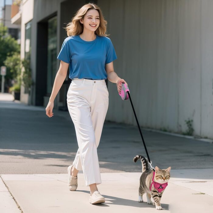 Катячий сміх з повідком, автоматичний котячий поводок з дзвінком, розтяжний котячий поводок з дзвінком та повідком для кошенят, собак (рожевий, M)
