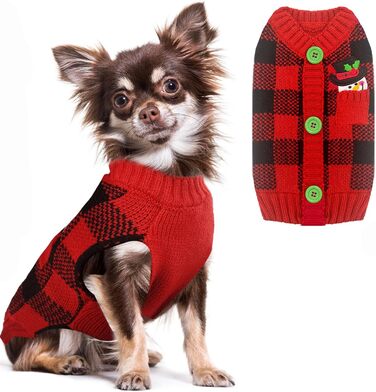 Теплий пуловер для собак з принтом ведмедика (M, червоно-чорний клітка)
