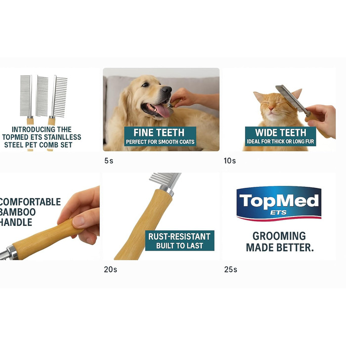 Набір для грумінгу TopMed ETS: 3 нержавіючі гребені, бамбукова ручка, для собак, котів та інших тварин