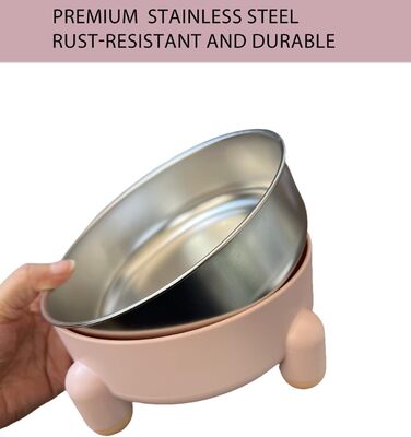 Миски для котів та собак з нержавіючої сталі, антиковзні, підняті, набір 2 шт (білі та рожеві)