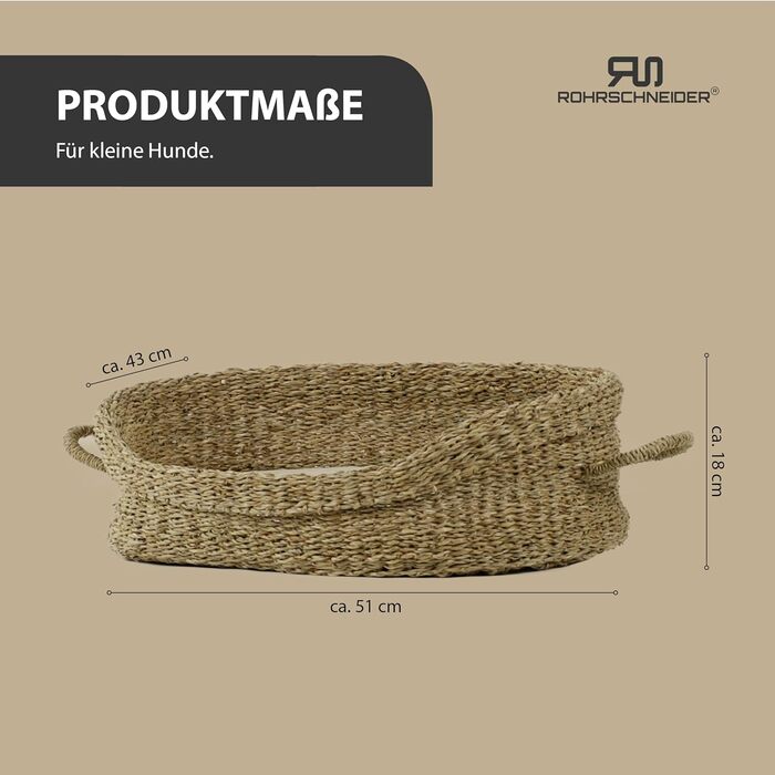 Корзина для собак Rohrschneider з ручками для маленьких та середніх собак | Ручна плетіння з морської трави, посилений високий борт | Знімний, пральний чохол | Розмір 1 (51 x 43 см)