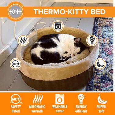 K&H Thermo-Kitty — підігрівальне ліжко для котів, маленьке, 40,6 см, мокко/світло-коричневе, електричне, затишне спальне місце для домашніх тварин