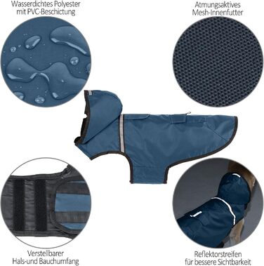 Водонепроникна куртка для собак KoKoBin з капюшоном, світловідбиваючими елементами, легка та дихаюча, для середніх та великих собак (M, сіро-блакитний)