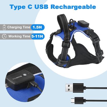 Шлейка для собак Masbri світловідбиваюча, регульована, з ручкою, м'яка підкладка, для собак середніх та великих порід, чорно-синя, TC3005B (XL, Синій)