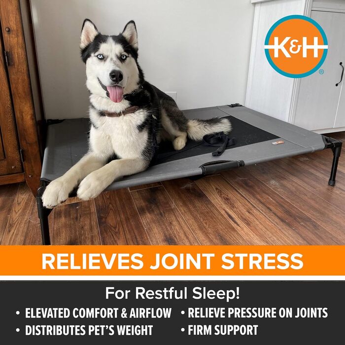 Підвищене собаче ліжко K&H Pet Products для вулиці, дитяче ліжко, гамак для великих собак, сірий/чорний, з металевим каркасом, складна конструкція