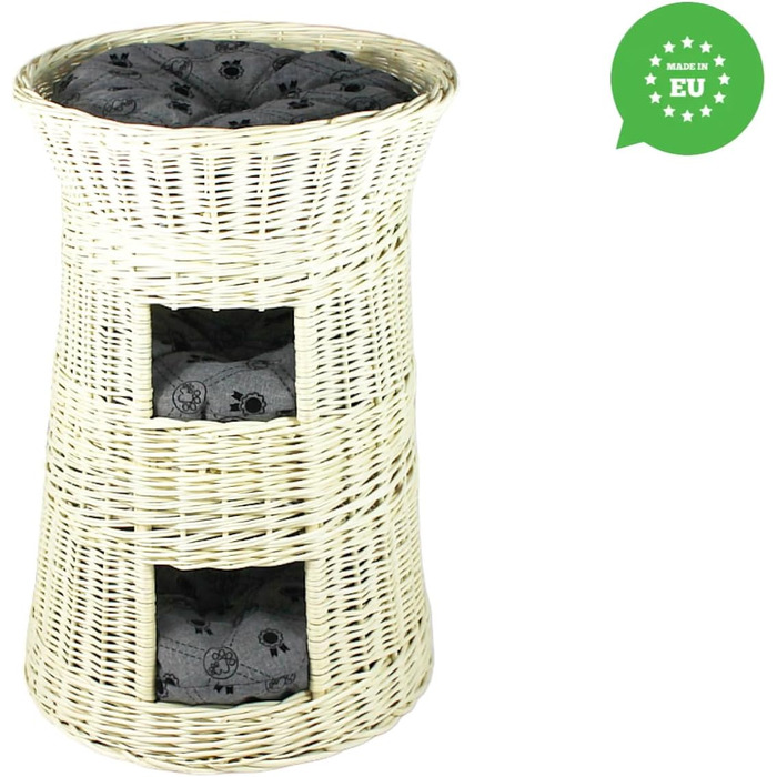 Кігтеточка-ліжко для котів: кругла хатинка, плетений будиночок з лози, триярусне ліжко для собак та котів, колір – білий, з сірим подушечком