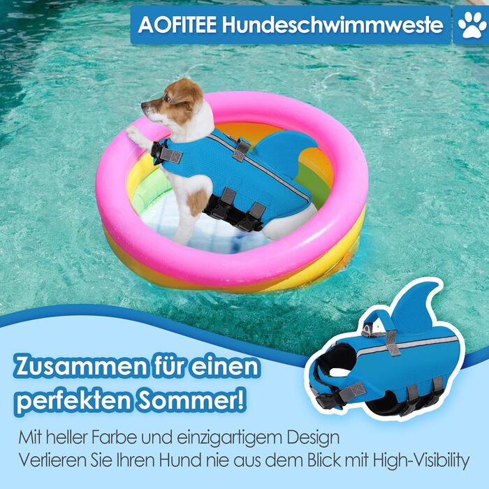 Жилет для плавання для собак AOFITEE з плавниками акули, регульований, з ручкою рятування, світловідбиваючий, синій, для малих та середніх собак