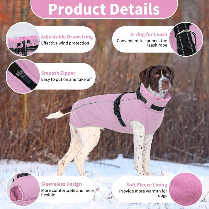 Теплий зимовий одяг для собак Lelepet: куртка з інтегрованим шлейкою, вітронепроникний флісовий одяг, світловідбиваюча жилетка для собак, XL (XX-Large, рожевий)
