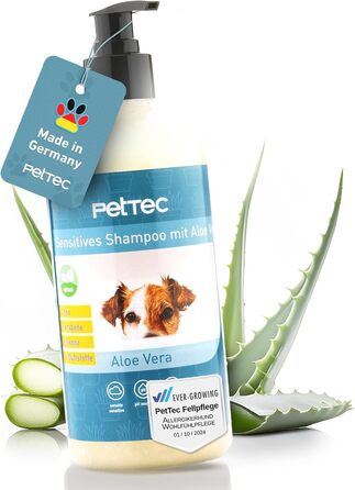 PetTec шампунь для собак чутливий з алое вера, 500 мл, pH-нейтральний, для всіх порід, без парабенів, силіконів та ароматизаторів, веганський догляд за шерстю
