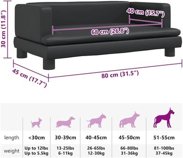 Ляжка для собак, м'яка подушка для собак, диван-софа для маленьких собак, лежанка для домашніх тварин, лежанка для котів, чорна штучна шкіра, 80 x 45 x 30 см, чорний колір