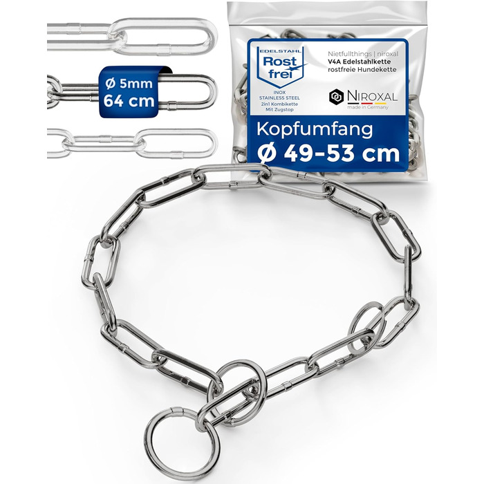 Нашийник для собак з обхватом шиї 49-53 см, нержавіюча сталь V4A, нашийник-ланцюг з запобіжником, довге ланцюгове кільце, товщина 5 мм, загальна довжина 64 см