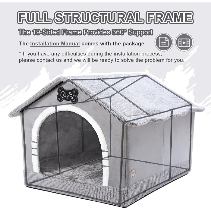 Будиночок для собак Jiupety Indoor з каркасом, затишне ліжко з дахом для собак вагою 27-45 кг, розмір 3XL (97x76x71 см), сірий