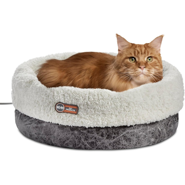 Обігріте термоліжко для котів K&H PET PRODUCTS, кругле велике сіре ліжко для котів та маленьких собак, для дому, 35,6x45,7 см