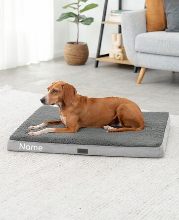Ортопедичне ліжко для собак Lionto, 112x81x8 см, міцне, з м'яким плюшем, знімний та пральний чохол, водовідштовхувальне, для собак та котів (з нанесенням імені), сірий колір
