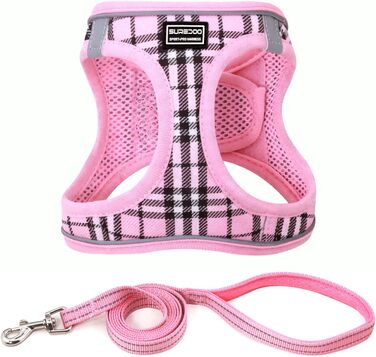 Нашийник для собак маленьких порід з повідком, анти-тягнучий, світловідбиваючий, дихаючий, нагрудник для цуценят (S, обхват грудей: 29-33см) (Рожевий в клітинку, XL (обхват грудей: 46-53см, вага: 8-10.5кг))