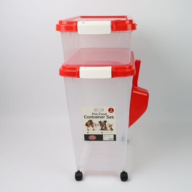 DIVCHI Контейнер для зберігання корму для тварин, 3 шт. з мірною ложкою, для собак, котів, корму для тварин, сухий корм, з роликами (Червоний)