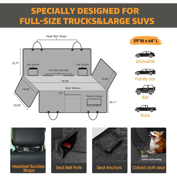 Накладка на сидіння для собак Nzonpet, XL, 100% водовідштовхувальна, з сіткою, антиковзаюча, стійка до подряпин, для позашляховиків та пікапів (сіра)