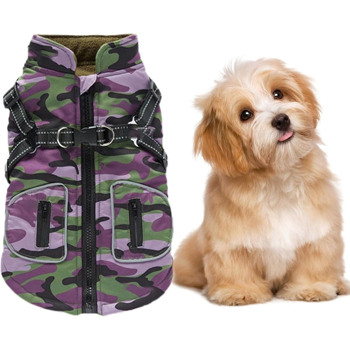 Зимовий теплий одяг для собак: водонепроникний теплий жилет з інтегрованим шлейкою | Для маленьких, середніх собак | Колір: фіолетовий
