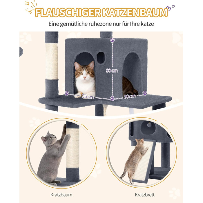 Кігтеточка для котів Hzuaneri, 174 см, XL, 2 платформи, 2 печери, 4 стовпчики, дошка для заточування кігтів, мотузка з сизалю, плюшеві кульки, для багатокотових сімей, MS17418LG (Темно-сірий)