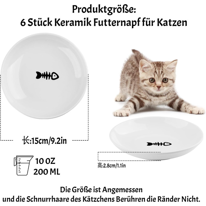 Набір мисок для котів CROUTE (6 шт.) - керамічні, плоскі, анти-високочування, білий (візерунок 'Рибка')