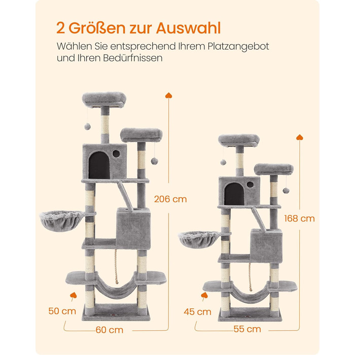 Багатоповерховий котячий будиночок Feandrea з 13 стовпчиками для дряпання, 2 платформами, 2 печерами, гамаком та іграшками, 168 см, сірий